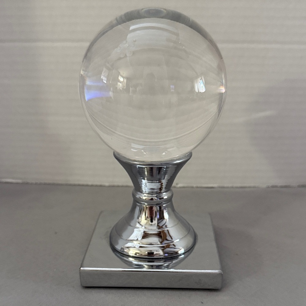 Clear Crystal Ball Sphere Globe Shape Attached Silver Base Paperweight Bookend
